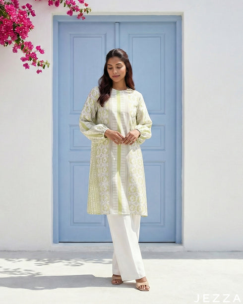 Geometric Charm: Satin Round-Neck Knee Top 81371