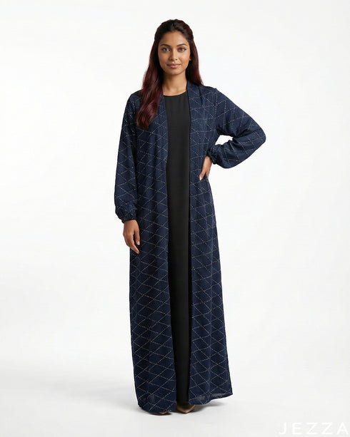 Elegant Duo: Blue Satin Stone-Embellished Cardigan & Inner Set 78323