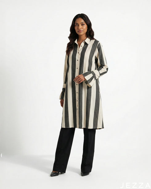 Striped Ease: Collared Cotton Knee Top 79513