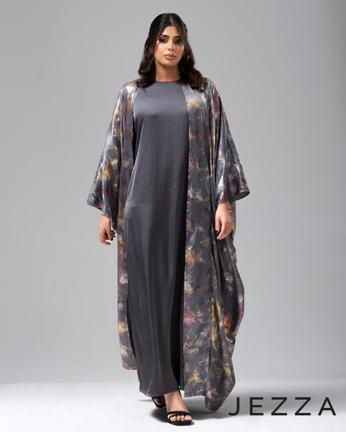 Foil-Print Kaftan Cardigan with Inner Dress Set 65351