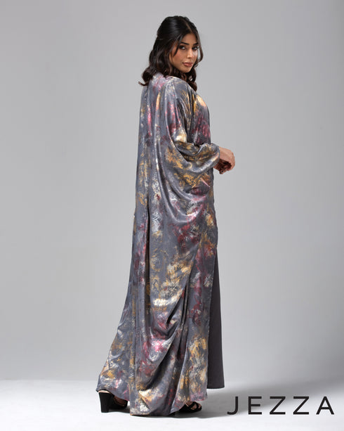 Foil-Print Kaftan Cardigan with Inner Dress Set 65351