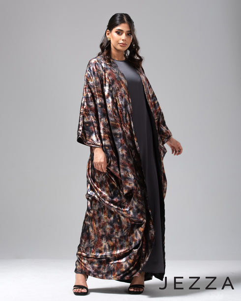 Foil-Print Kaftan Cardigan with Inner Dress Set 65352
