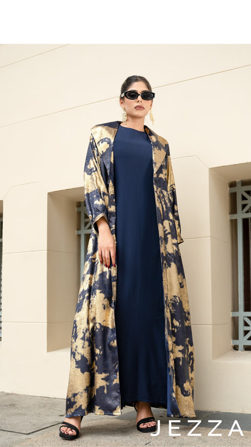 Foil Sheen Long Cardigan & Satin Inner Dress Set 61521