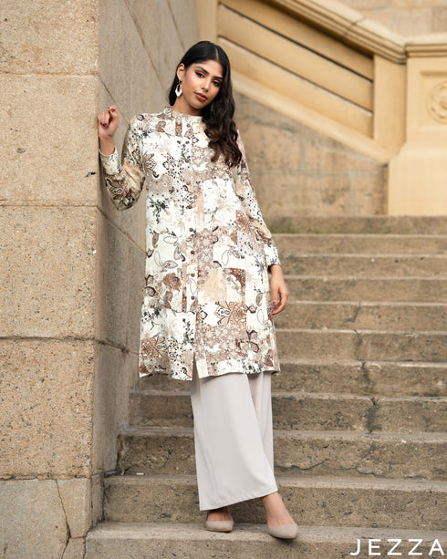 Artful Harmony: Patchwork Mandarin Midi Top 77711