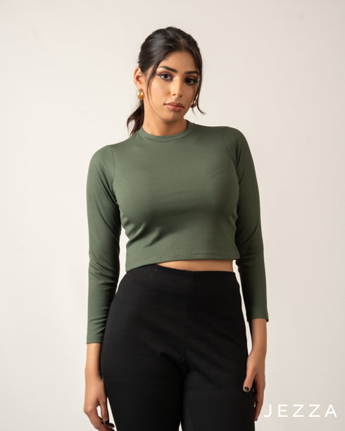 Ribbed Spandex Long Sleeve Crop Top 70773