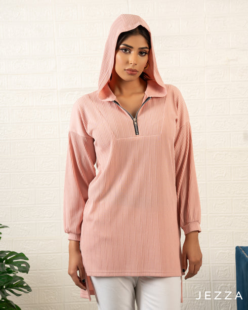 Ribbed Half-Zip Hoodie Top 72461