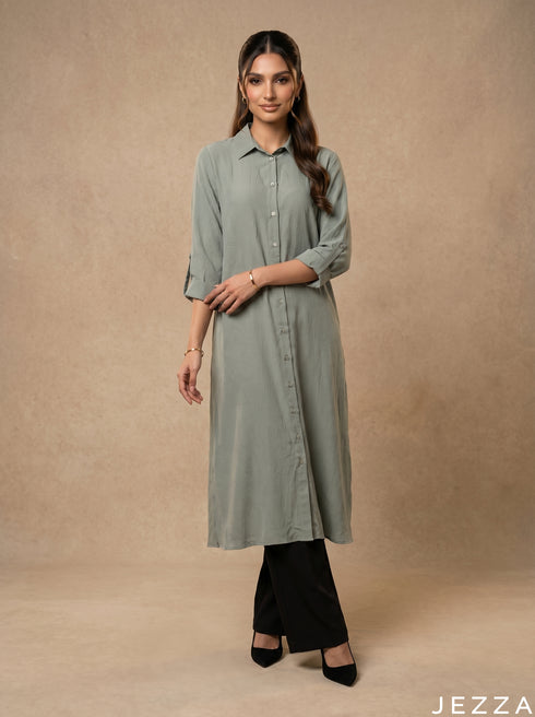 Earthbound Elegance: Smoke Green Midi Top 82913