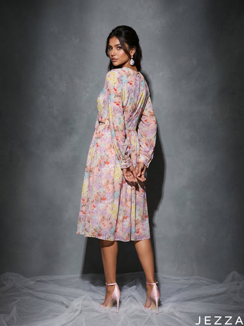 Petal Story: Floral Chiffon Knee Dress 87571