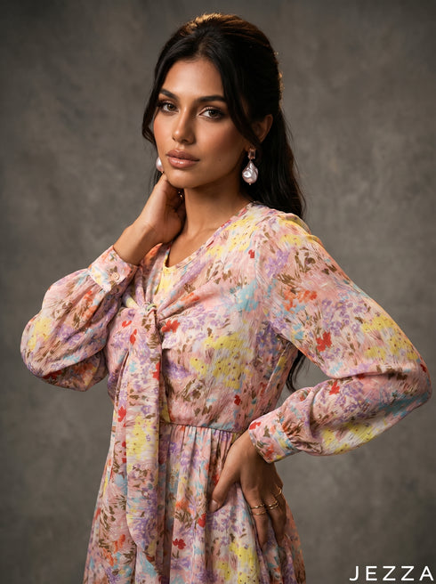 Petal Story: Floral Chiffon Knee Dress 87571