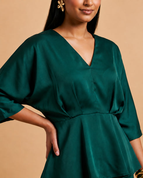 Pine Elegance: Satin V-Neck Hip Top 86371