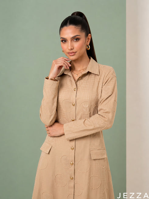 Lustre Beige: Brocade A-Line Dress 87842