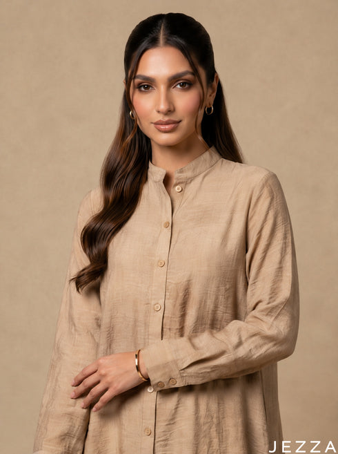 Desert Sand: Mandarin Collar Knee Top 77671