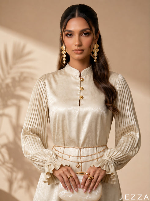 Bloom Cascade: Mandarin Collar Satin Dress 87911