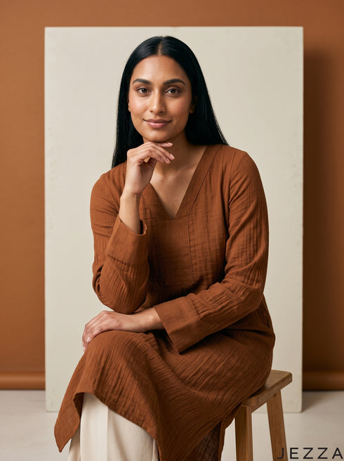 Double Gauze Ease: Brown V-Neck Midi Top 93171