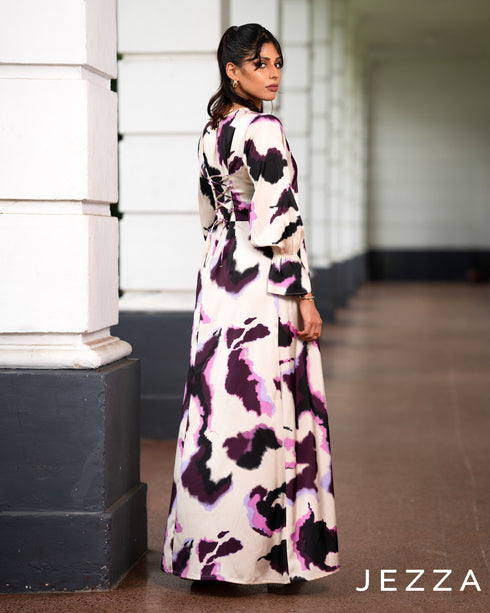 Crisscross Detail Long Dress in Printed Polyester 59712