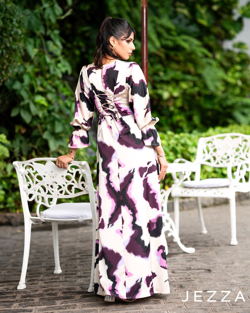 Crisscross Detail Long Dress in Printed Polyester 59712