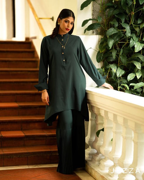 Solid Color Polyester Pant & Top Set with Pleated Detail 58601