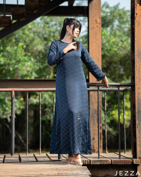 Midnight Glow: Stone-Embellished Satin A-Line Dress 82993