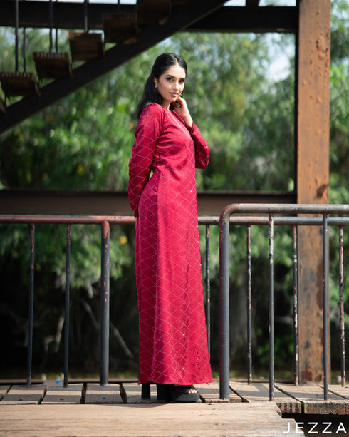 Radiant Charm: Lipstick Red Stone-Embellished Satin A-Line Dress 82991