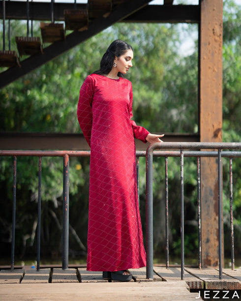 Radiant Charm: Lipstick Red Stone-Embellished Satin A-Line Dress 82991