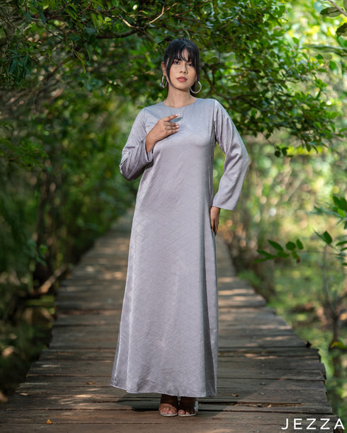 Subtle Glam: Gray Stone-Embellished Satin A-Line Dress 82992