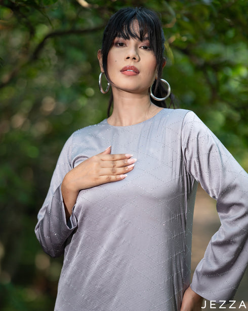 Subtle Glam: Gray Stone-Embellished Satin A-Line Dress 82992