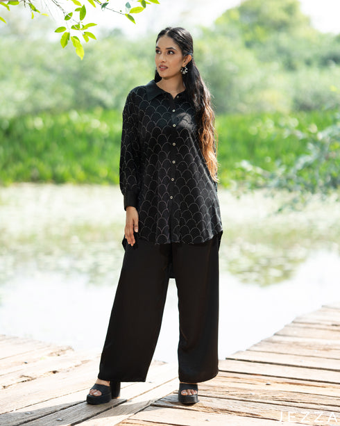Glamour Edge: Black Stone-Embellished Satin Top & Pant Set 79473/79483