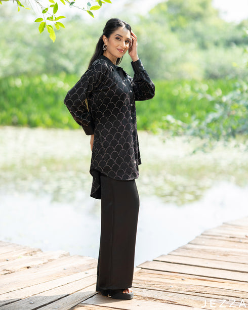 Glamour Edge: Black Stone-Embellished Satin Top & Pant Set 79473/79483