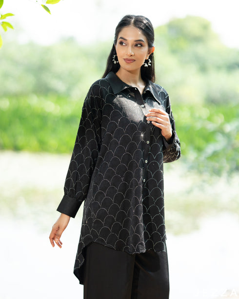 Glamour Edge: Black Stone-Embellished Satin Top & Pant Set 79473/79483