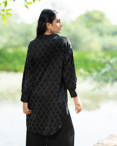 Glamour Edge: Black Stone-Embellished Satin Top & Pant Set 79473/79483