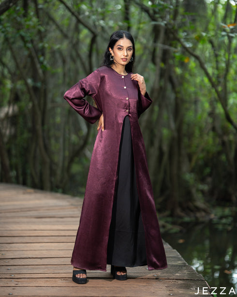 Plum Noir: Textured Satin Dress & Cardigan Set 81012/7949