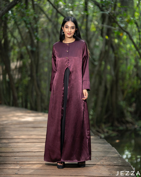 Plum Noir: Textured Satin Dress & Cardigan Set 81012/7949