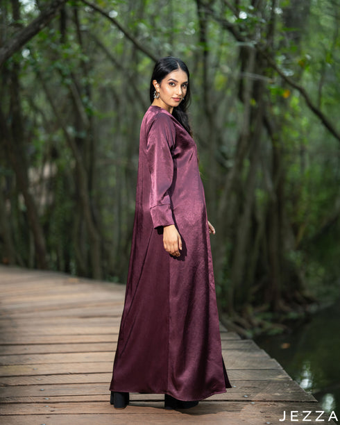 Plum Noir: Textured Satin Dress & Cardigan Set 81012/7949