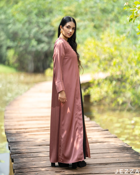 Chic Harmony: Black Dress & Turkish Rose Pink Satin Cardigan Set 81801/7949