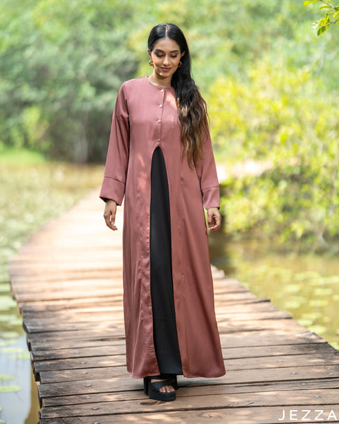 Chic Harmony: Black Dress & Turkish Rose Pink Satin Cardigan Set 81801/7949