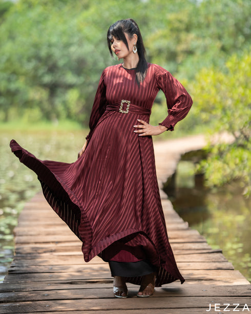 Rich Allure: Burgundy Self-Stripe Satin Y/A Dress 81281