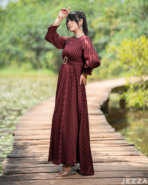 Rich Allure: Burgundy Self-Stripe Satin Y/A Dress 81281