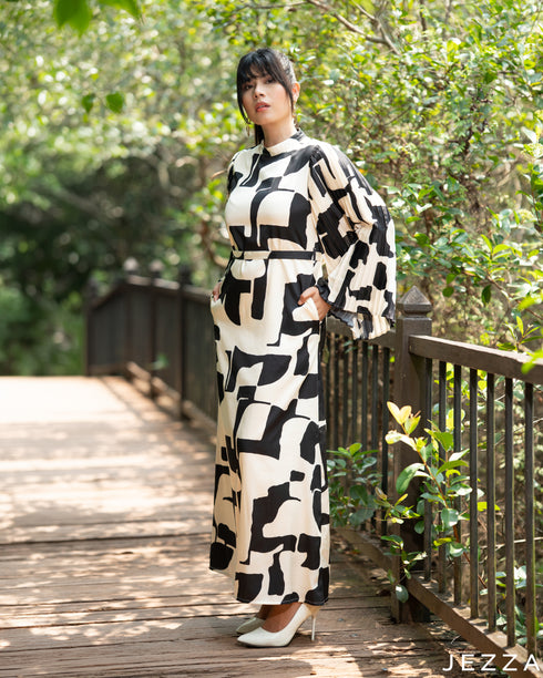 Graphic Elegance: Black & White Satin A-Line Dress 79551