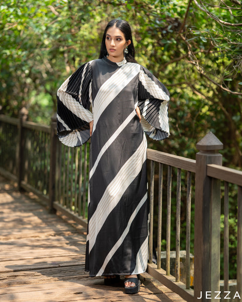 Striped Sophistication: Diagonal & Pinstrip Satin A-Line Dress 81841