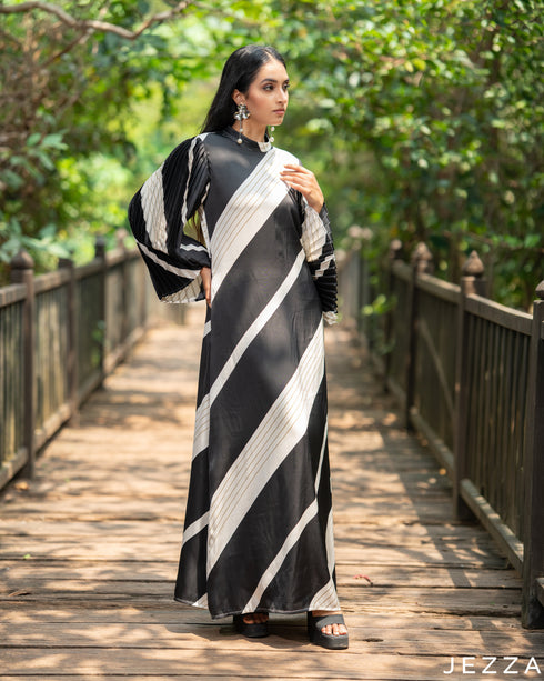 Striped Sophistication: Diagonal & Pinstrip Satin A-Line Dress 81841