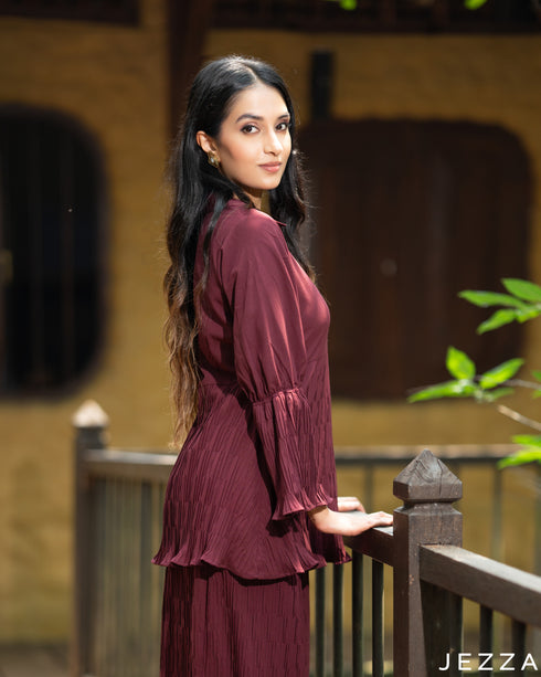 Burgundy Breeze: Pleated Chiffon Co-Ord Set 81071/82711