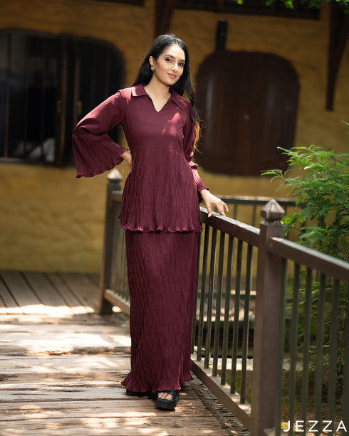 Burgundy Breeze: Pleated Chiffon Co-Ord Set 81071/82711
