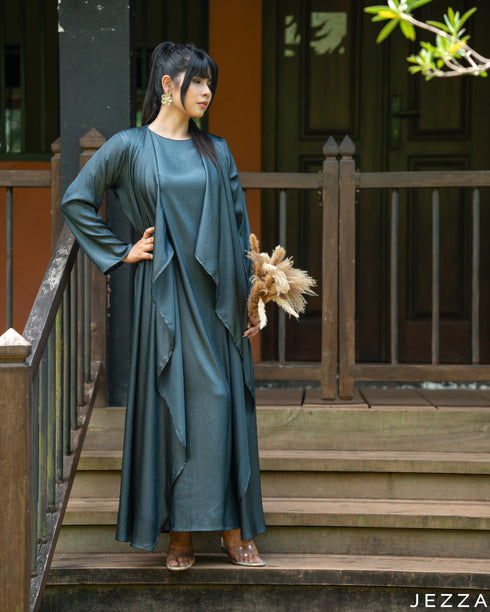 Elegant Harmony: Celite Green Crepe Satin Dress & Cardigan Set 82061/82071