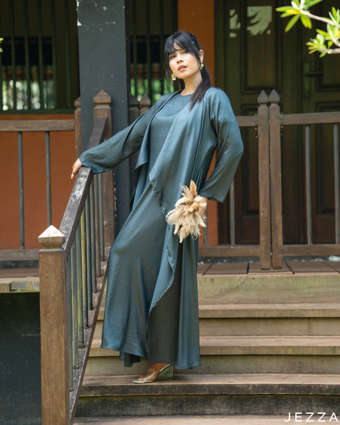 Elegant Harmony: Celite Green Crepe Satin Dress & Cardigan Set 82061/82071