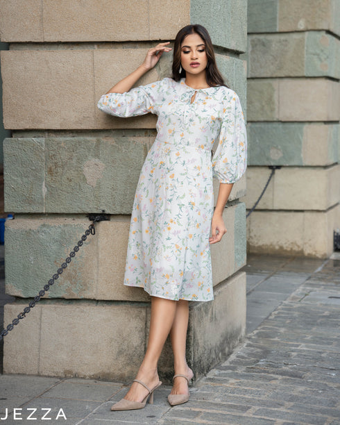 Ethereal Bloom: Below-Knee Floral Dress 76141
