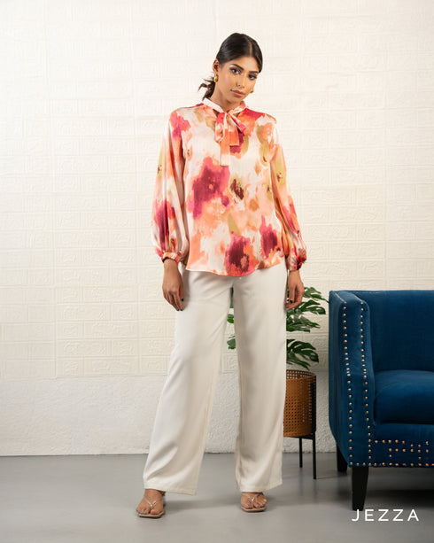 Crinkled Satin-Feel Printed Top 70801