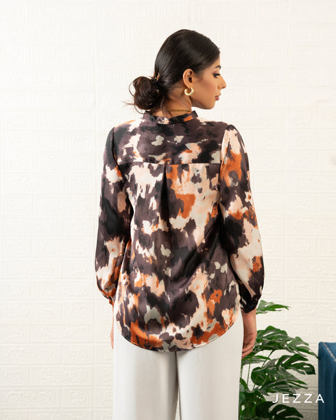 Crinkled Satin-Feel Printed Top 71211