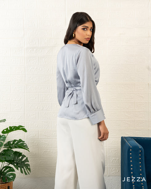 Elegant Satin Long Sleeve Top – Hip Length 67441