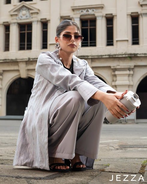 Textured Longline Jacket & Satin Pant Set 64181