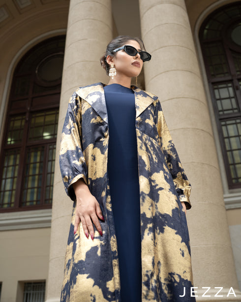 Foil Sheen Long Cardigan & Satin Inner Dress Set 61521